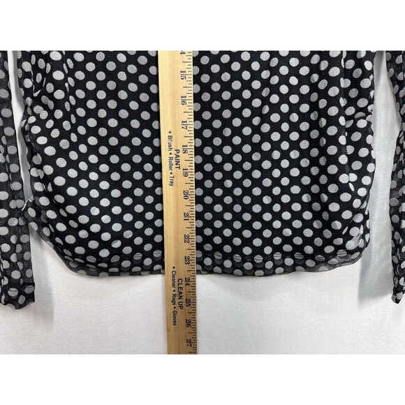 Chicos Polka Dot Lined Raye Top Size 1 (M/8) Black Mesh Sleeves Ruched Sides NEW - Picture 7 of 10